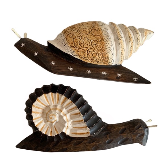 Wood Sculptures Snail Home Decor. Made in Indonesia. 2 pc set.